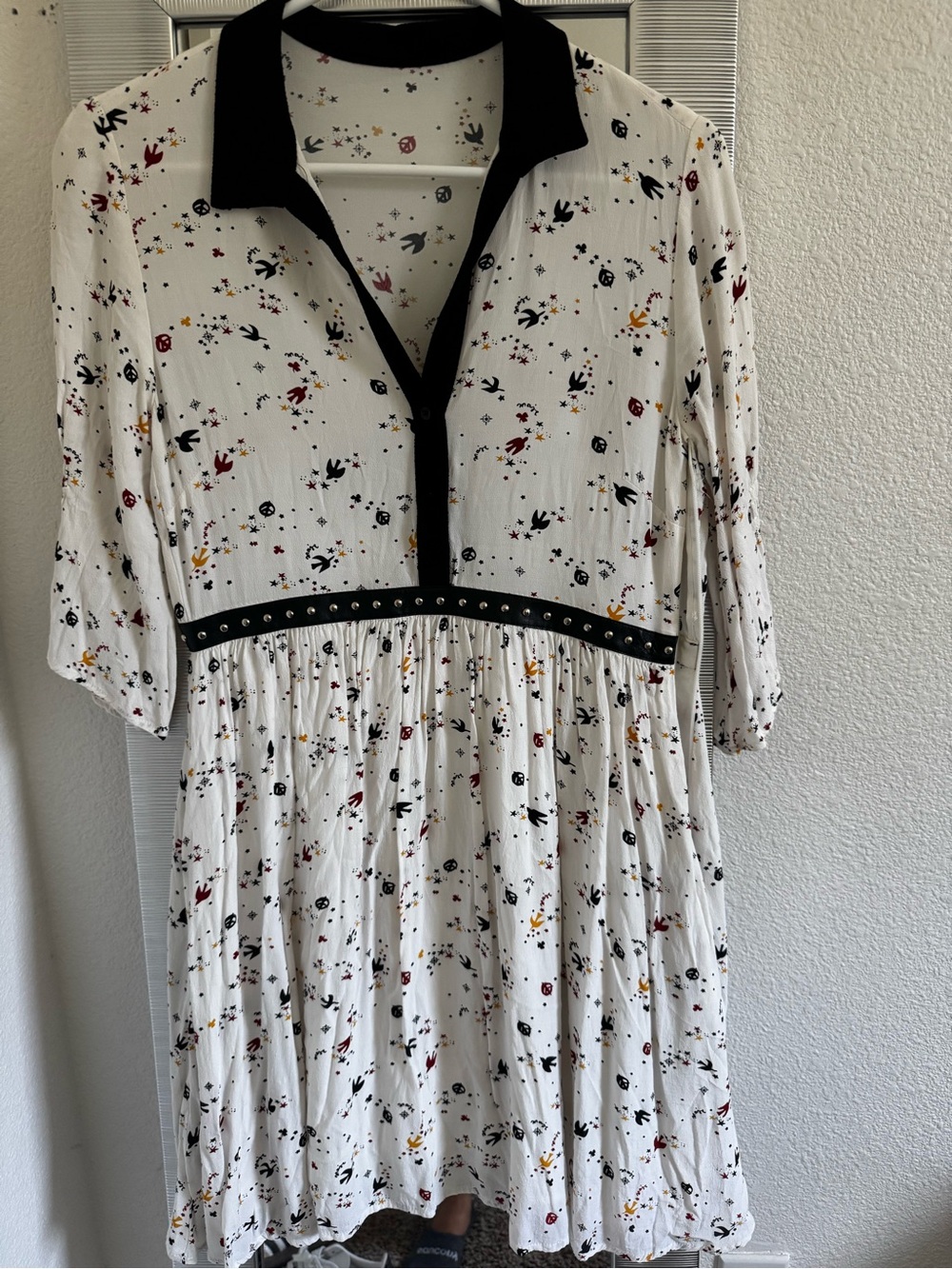 Maje sweet multi patern dress peace bird flower logo